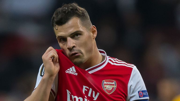 Granit Xhaka of Arsenal FC gestures during the UEFA Europa League group F match between Eintracht Frankfurt and Arsenal FC