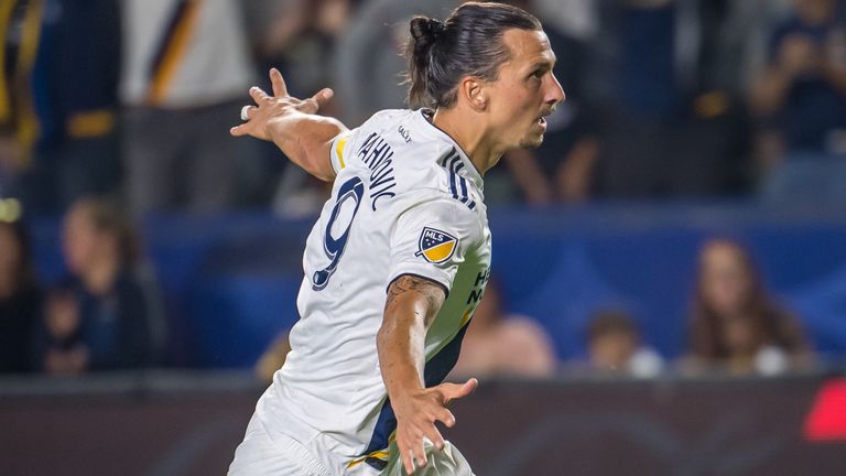 CARSON, CA -SEPTEMBER 15:  Zlatan Ibrahimovic #9 of Los Angeles Galaxy celebrates a goal during the Los Angeles Galaxy&#39;s MLS match against Sporting KC at the Dignity Health Sports Park on September 15, 2019 in Carson, California.  Los Angeles Galaxy won the match 7-2 (Photo by Shaun Clark/Getty Images) *** Local Caption *** Zlatan Ibrahimovic