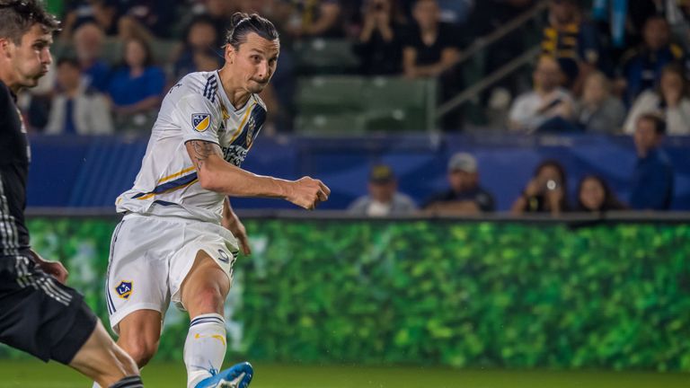 CARSON, CA -SEPTEMBER 15: Zlatan Ibrahimovic #9 of Los Angeles Galaxy scores a goal during the Los Angeles Galaxy's MLS match against Sporting KC at the Dignity Health Sports Park on September 15, 2019 in Carson, California.  Los Angeles Galaxy won the match 7-2 (Photo by Shaun Clark/Getty Images) *** Local Caption ***  Zlatan Ibrahimovic