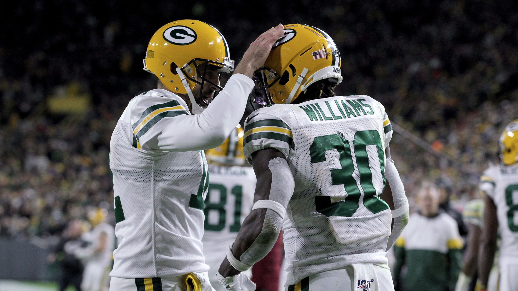 Green Bay, WI, USA. 20th Oct, 2019. Green Bay Packers running back Jamaal  Williams #30 before the NFL Football game between the Oakland Raiders and  the Green Bay Packers at Lambeau Field