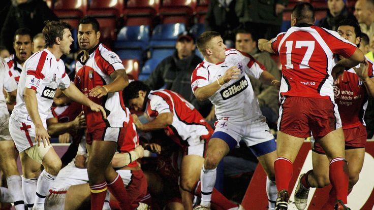 WIDNES, ENGLAND - NOVEMBER 12: A fight breaks out between Tonga and England players during the Federation Shield Final between England and Tonga at the Halton Stadium on November 12, 2006 in Widnes, England. (Photo by Matthew Lewis/Getty Images)