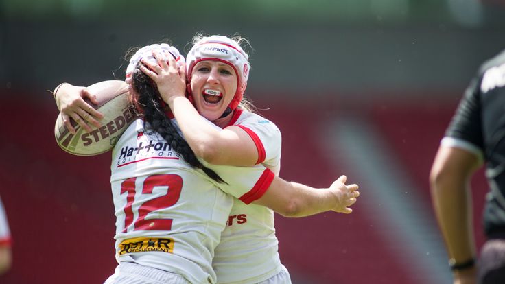 Picture by Isabel Pearce/SWpix.com - 07/07/2019 - Rugby League - Coral Women's Challenge Cup Semi Final - St Helens v Leeds Rhinos - The Totally Wicked Stadium, Langtree Park, St Helens, England - Emily Rudge and Jodie Cunningham of St Helens.