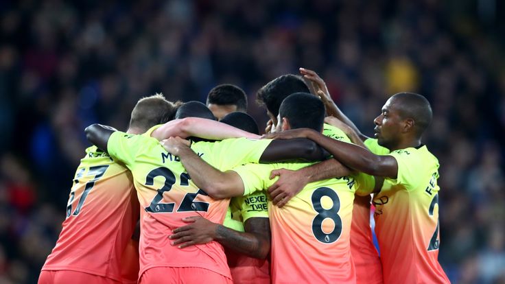 Manchester City players celebrate at Crystal Palace