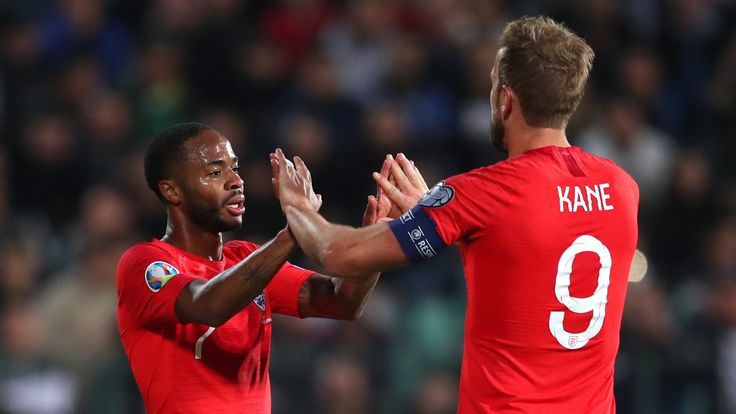 Raheem Sterling celebrates with Harry Kane after scoring England's fifth goal against Bulgaria