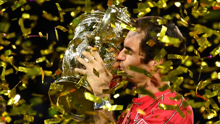 Roger Federer of Switzerland celebrates his victory during the final match of the Swiss Indoors ATP 500 tennis tournament against Alex de Minaur of Australia at St Jakobshalle on October 27, 2019 in Basel, Switzerland