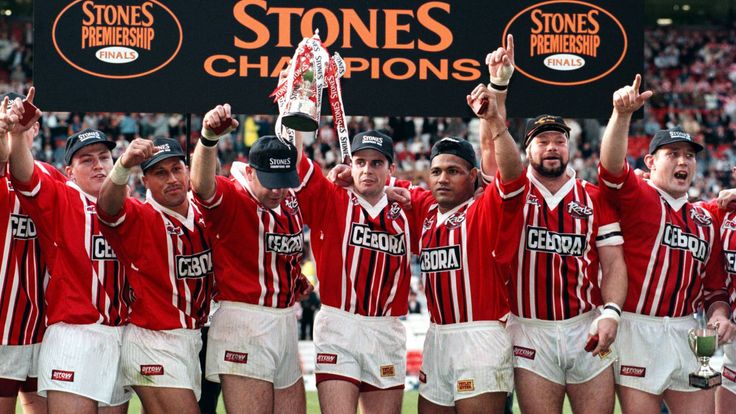 Keighley Cougars V Salford Reds : Divisional Premiership Final. Salford Reds lift the Stones Premiership Divisional Final Trophy after beating Keighley Cougars at Old Trafford today (Sunday). Photo by Dave Kendall/PA.