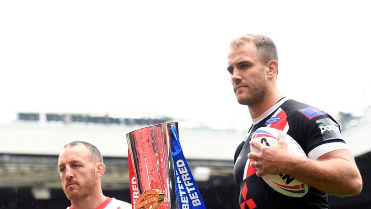 Picture by Simon Wilkinson/SWpix.com - 07/10/2019 - Rugby League Betfred Super League Grand Final 2019 St. Helens v Salford - Press Conference Preview at Old Trafford Manchester
Captains James Roby and Lee Mossop pictured with the trophy