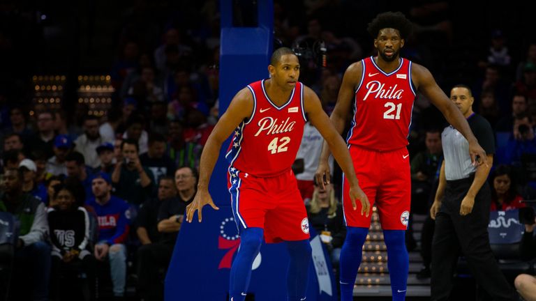 Al Horford and Joel Embiid in preseason action for the Philadelphia 76ers