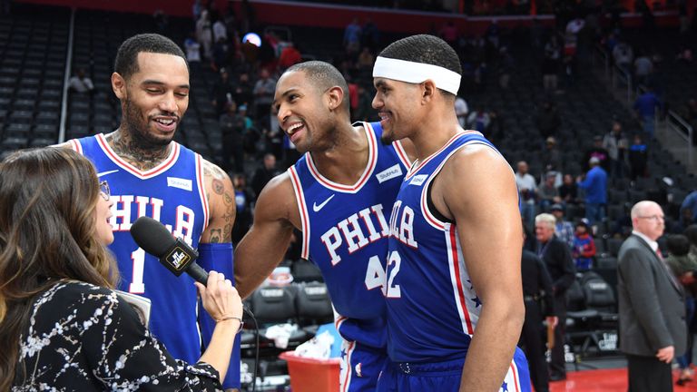 Al Horford and Tobias Harris celebrate after the 76ers' victory