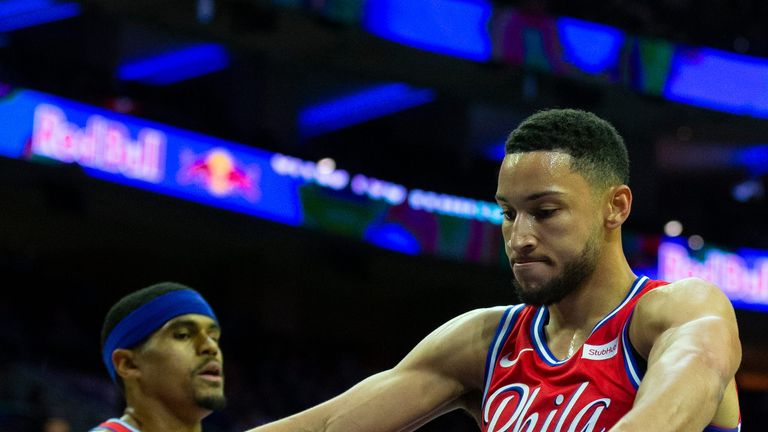Ben Simmons celebrates a basket in Philadelphia&#39;s win over the Loong Lions