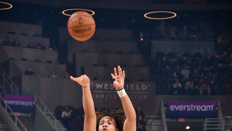 Carsen Edwards launches a three-pointer against the Cleveland Cavaliers