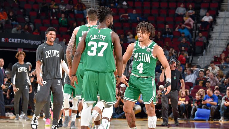 Carsen Edwards is congratulated by his Celtics team-mates