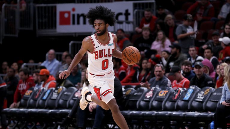 Coby White dribbles upcourt against Atlanta