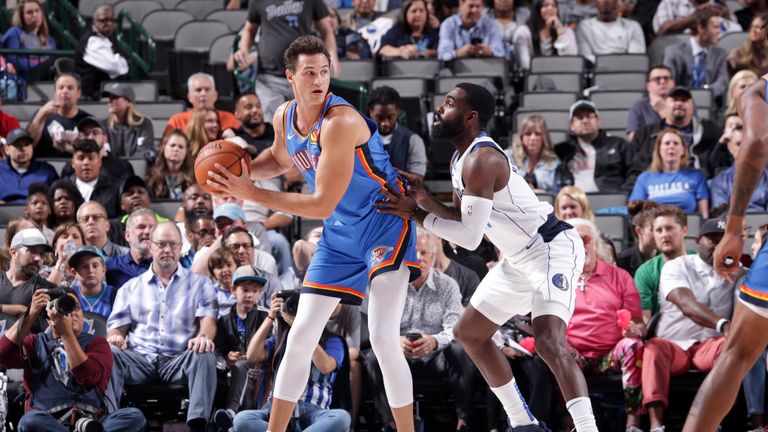 Danilo Gallinari posts up during a Thunder preseason game