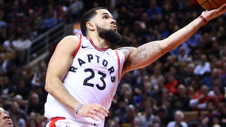 Fred VanVleet scores at the rim during Toronto's overtime win over New Orleans