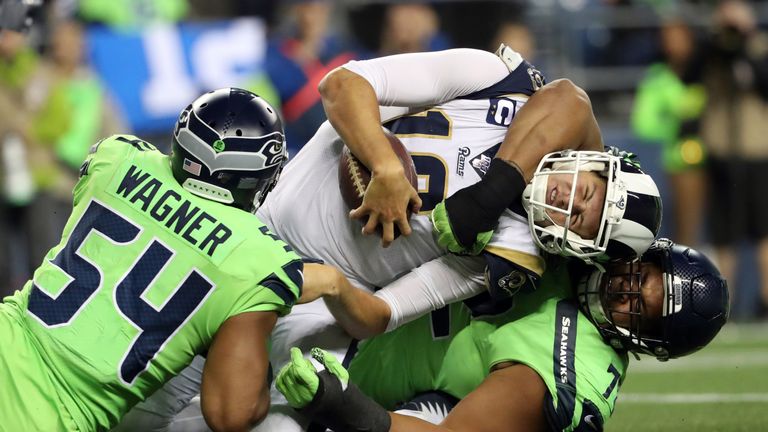 Jared Goff is stopped by the Seahawks on an attempted two-point conversion