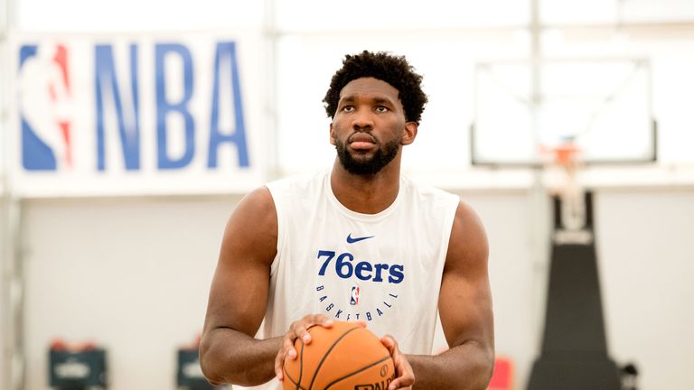 Joel Embiid shoots a free throw during a Sixers&#39; practice