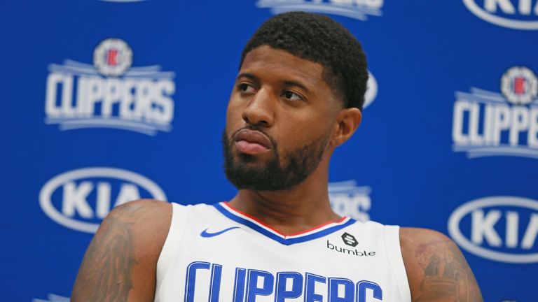 Paul George fields questions at LA Clipper media day