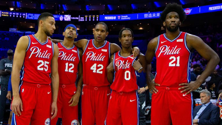 The Philadelphia 76ers 2019-20 starting line-up - Ben Simmons, Tobias Harris, Al Horford, Josh RIchardson and Joel Embiid - line up in preseason