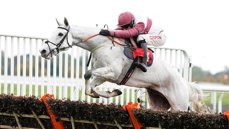 SUNBURY, ENGLAND - OCTOBER 20: Adam Wedge riding Silver Streak clear the last to win The Matchbook VIP Hurdle at Kempton Park Racecourse on October 20, 2019 in Sunbury, England. (Photo by Alan Crowhurst/Getty Images)