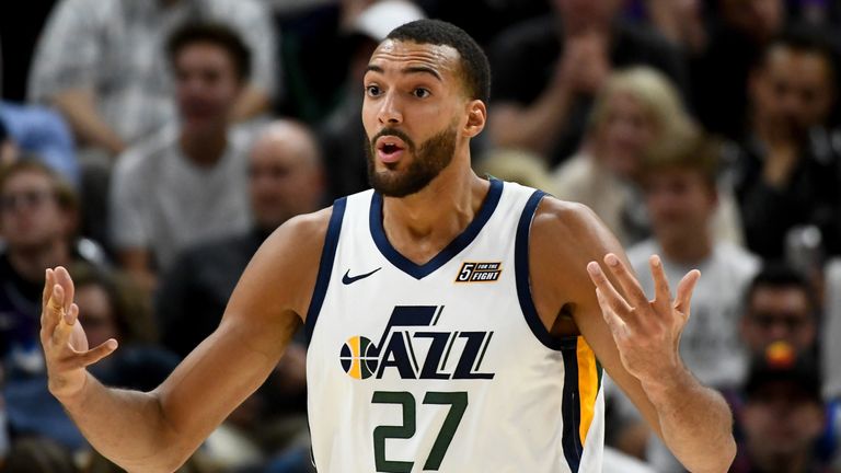 Rudy Gobert questions a call in Utah's win over the Thunder