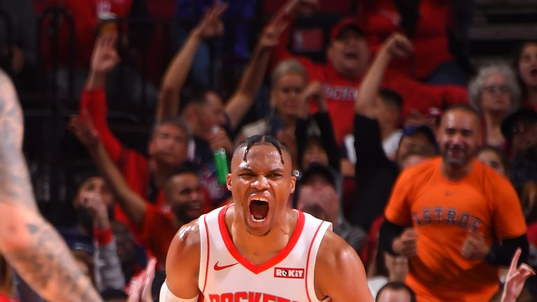 Russell Westbrook roars in celebration en route to his 139th career triple-double