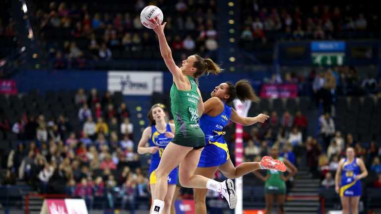 Kyra Jones stretching out for Celtic Dragons in the Vitality Netball Superleague