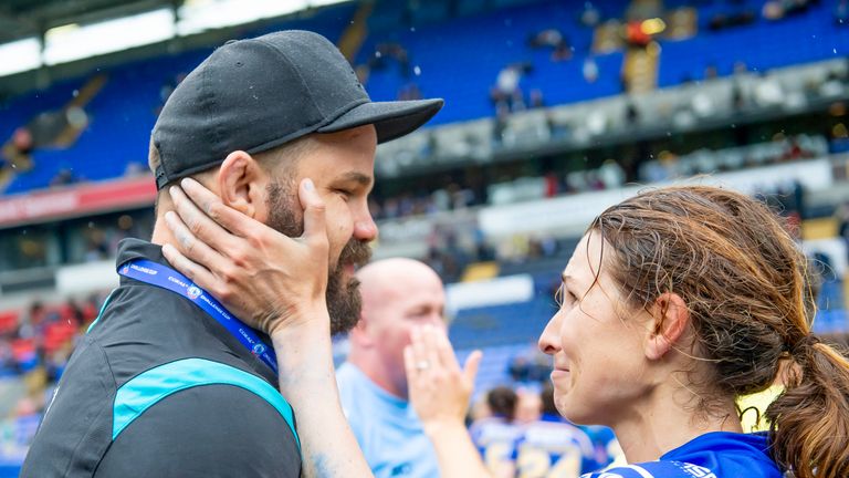 Picture by Allan McKenzie/SWpix.com - 27/07/2019 - Rugby League - Coral Women's Challenge Cup Final - Leeds Rhinos v Castleford Tigers - University of Bolton Stadium, Bolton, England - Leeds's coach Adam Cuthberton celebrates with Courtney Hill after victory over Castleford.