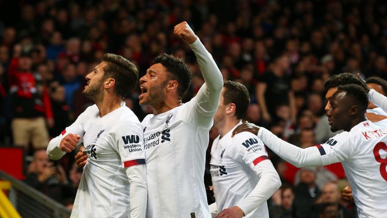 Liverpool celebrate Adam Lallana's equaliser at Manchester United