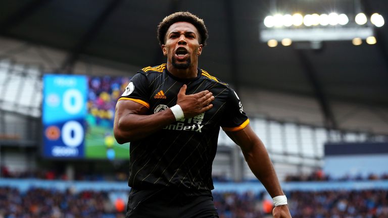 Adama Traore thumps his chest in celebration after giving Wolves a 1-0 lead