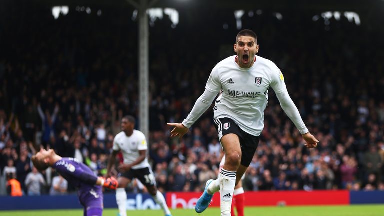 Aleksandar Mitrovic of Fulham celebrates scoring his sides second goal during the Sky Bet Championship match between Fulham and Charlton Athletic at Craven Cottage