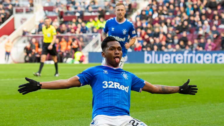 Rangers' Alfredo Morelos celebrates after he slots home to make it 1-1 against Hearts