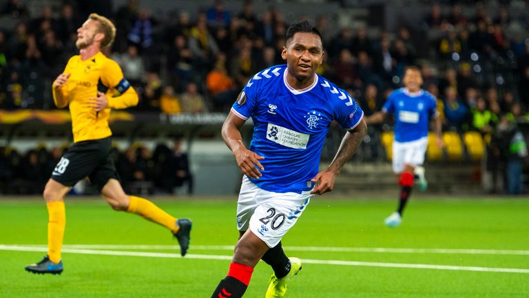 Alfredo Morelos celebrates after scoring to make it 1-0 during the Europa League Group G match between Young Boys and Rangers