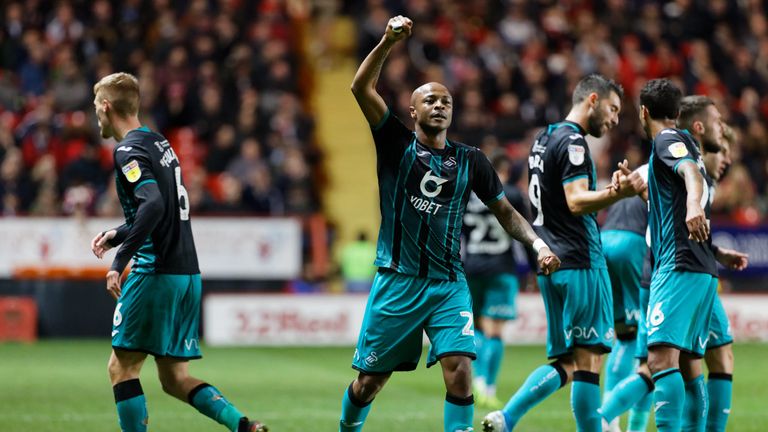 LONDON, ENGLAND - AUGUST 31: Andre Ayew of Swansea City celebrates his goal during the Sky Bet Championship match between Charlton Athletic and Swansea City at The Valley on October 02, 2019 in London, England. (Photo by Athena Pictures/Getty Images)