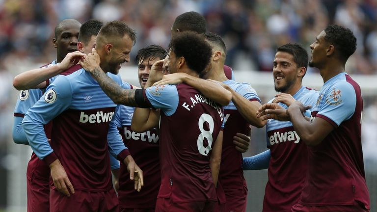 West Ham players celebrate with Andriy Yarmolenko