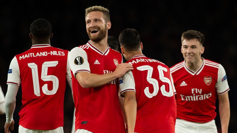 Arsenal's Gabriel Martinelli celebrates his Europa League goal with Shkodran Mustafi
