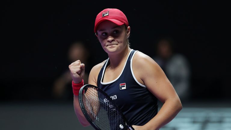 Ashleigh Barty of Australia celebrates match point against Belinda Bencic of Switzerland during their Women's Singles match on Day One of the 2019 WTA Finals at Shenzhen Bay Sports Center on October 27, 2019 in Shenzhen,