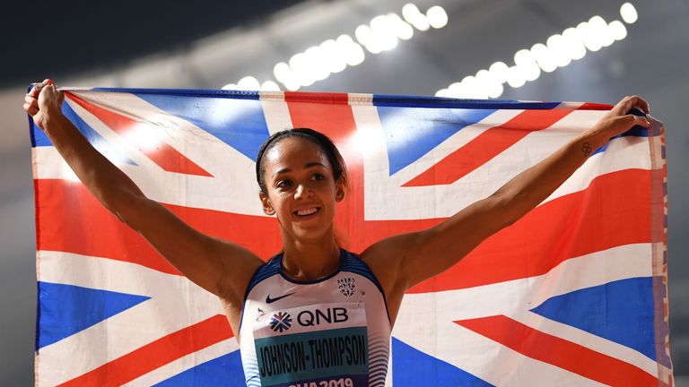 Katarina Johnson-Thompson celebrates her heptathlon title in Doha