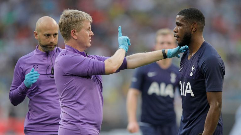 Tottenham's Serge Aurier is checked for signs of concussion by medical staff