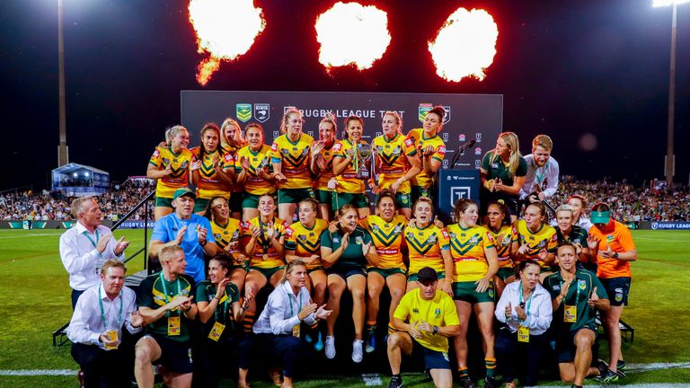 The Jillaroos celebrate after their victory over the Kiwi Ferns. International Rugby League test match. Australia Jillaroos v Kiwi Ferns. WIN Stadium, Sydney, Australia. Friday 25 October 2019. Copyright Photo: David Neilson / www.photosport.nz