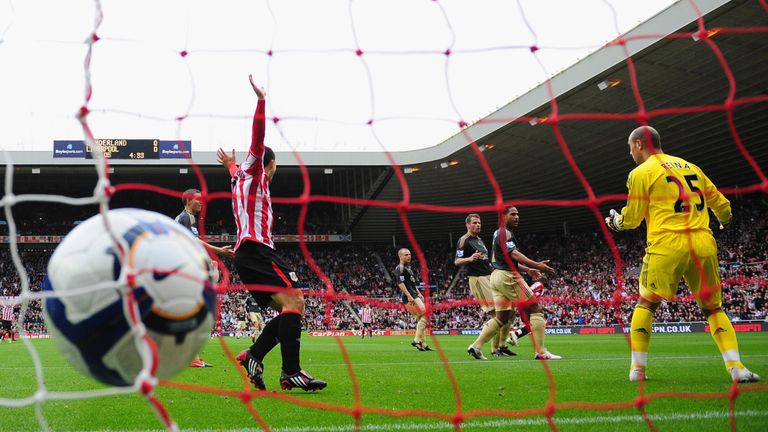 during the Barclays Premier League match between Sunderland and  Liverpool at the Stadium of Light on October 17, 2009 in Sunderland, England.