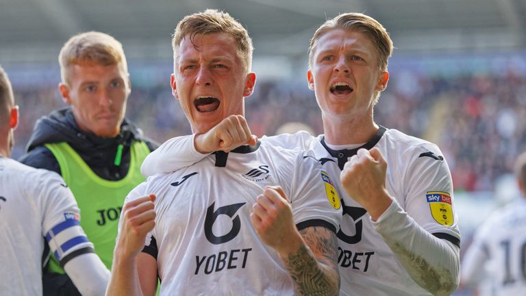 Ben Wilmot (L) celebrates his goal against Cardiff with tam-mate George Byers 