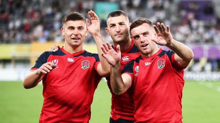 England's Ben Youngs, Jonny May and George Ford after the Rugby World Cup 2019 Group C game between England and Argentina at Tokyo Stadium on October 05, 2019 in Chofu, Tokyo, Japan. 