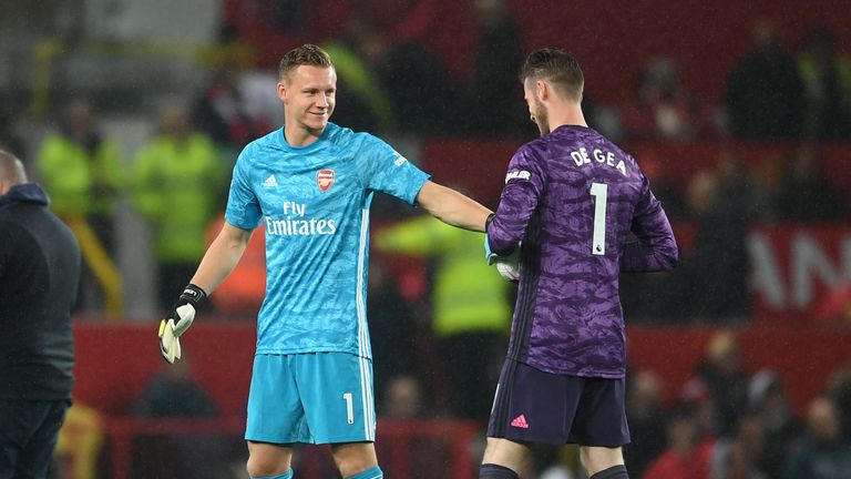 Bernd Leno and David de Gea during Manchester United vs Arsenal at Old Trafford