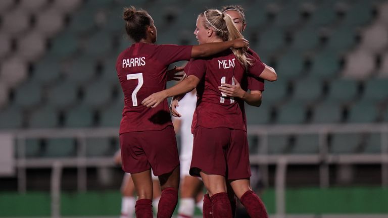 Beth Mead celebrates her goal against Portugal Women