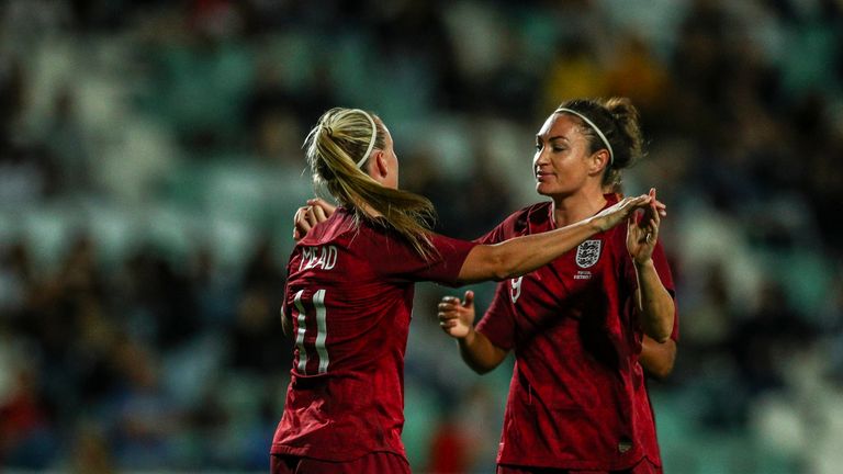 Beth Mead celebrates with Jodie Taylor after putting England 1-0 up against Portugal
