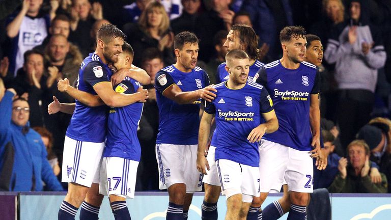 Fran Villalba (second left) celebrates scoring for Birmingham against Middlesbrough