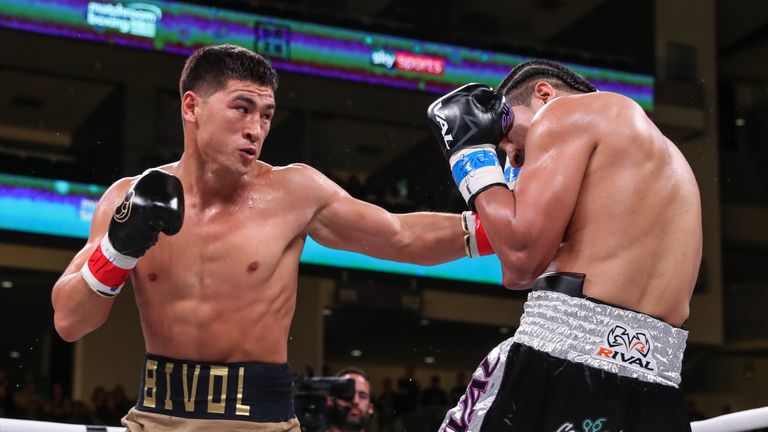 October 12, 2019; Chicago, IL, USA; Dmitriy Bivol and Lenin Castillo during their October 12, 2019 Matchroom Boxing USA fight at the Wintrust Arena. Mandatory Credit: Ed Mulholland/Matchroom Boxing USA