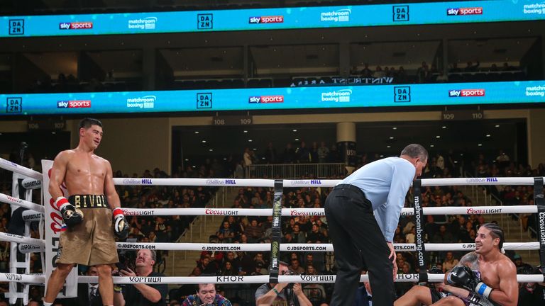 October 12, 2019; Chicago, IL, USA; Dmitriy Bivol and Lenin Castillo during their October 12, 2019 Matchroom Boxing USA fight at the Wintrust Arena. Mandatory Credit: Ed Mulholland/Matchroom Boxing USA