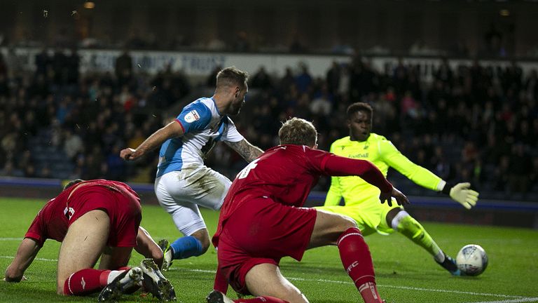 Blackburn Rovers' Adam Armstrong scores against Nottingham Forest during the Sky Bet Championship match at Ewood Park, Blackburn. PA Photo. Picture date: Tuesday October 1, 2019. See PA story SOCCER Blackburn. Photo credit should read: Barrington Coombs/PA Wire. RESTRICTIONS: EDITORIAL USE ONLY No use with unauthorised audio, video, data, fixture lists, club/league logos or "live" services. Online in-match use limited to 120 images, no video emulation. No use in betting, games or single club/league/player publications.